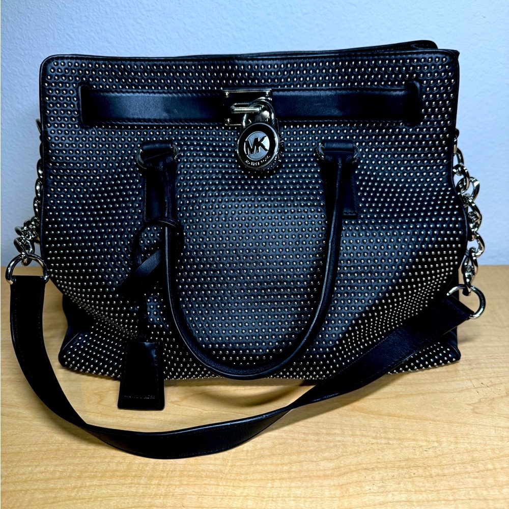 MICHAEL KORS Black Leather Large Hamilton Studded Tote  with Shoulder Strap